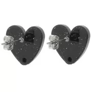 14x15.5mm Acrylic heart earstuds - Black glitter x2