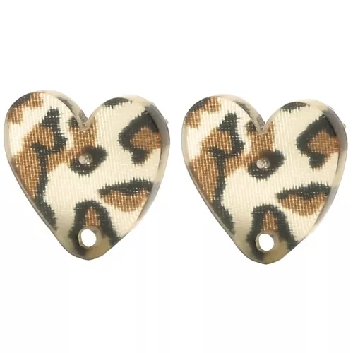 14x15.5mm Acrylic heart earstuds - Cheetah Brown - Black x2