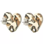 14x15.5mm Acrylic heart earstuds - Cheetah Brown - Black x2