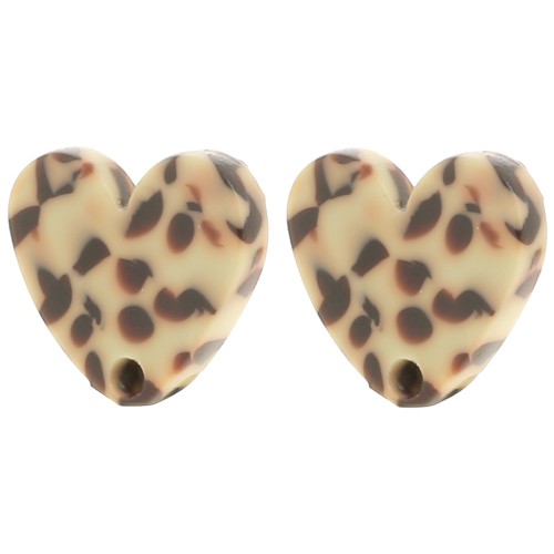 14x15.5mm Acetate heartstuds - Mottled Brown - Cream x2