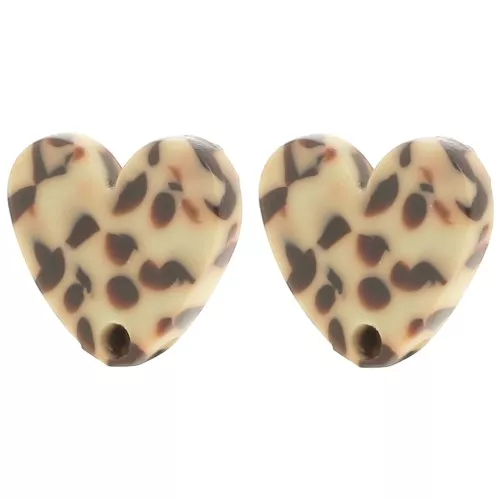 14x15.5mm Acetate heartstuds - Mottled Brown - Cream x2