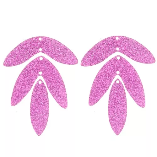 62x45mm Set of 6 acrylic leaf pendants - Pink glitter x1