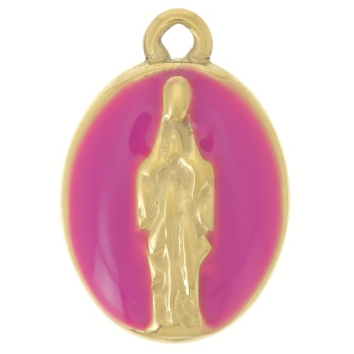 15x10mm 304L Stainless Steel Oval Charm - Religious Pattern - Gold - Fuchsia x1