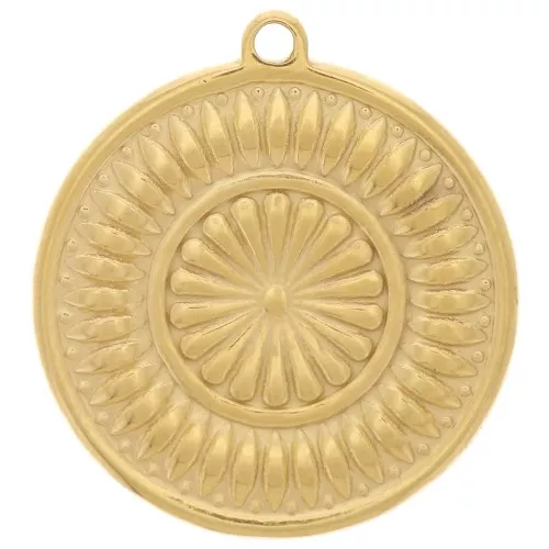 18mm 304L Stainless Steel Round Textured Charm - Gold x1
