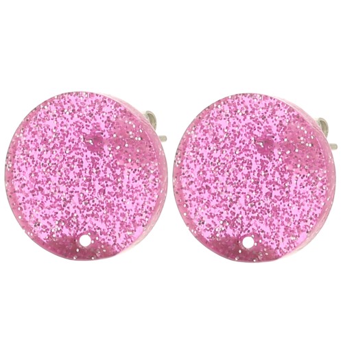 Round 15 mm acrylic earstuds - Pink glitter x2