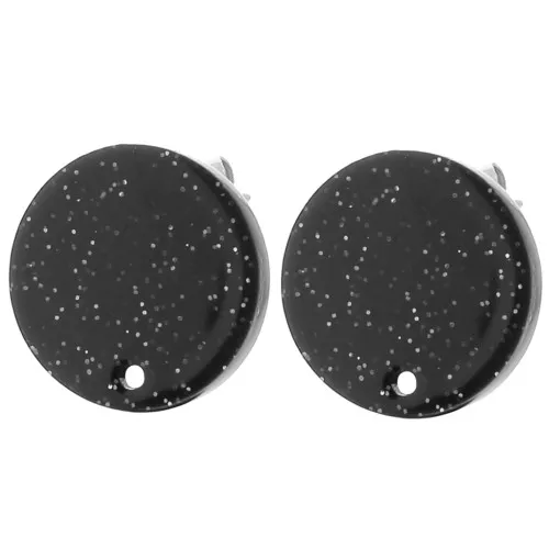 15 mm round acrylic earstuds - Black glitter x2