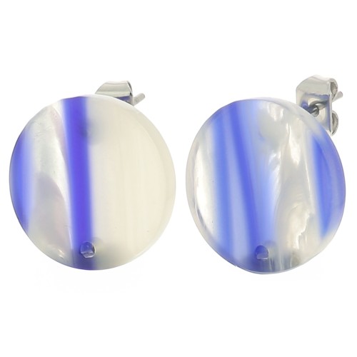 Round 15 mm acrylic earstuds - Striped - Dark blue - Pearlescent white x2
