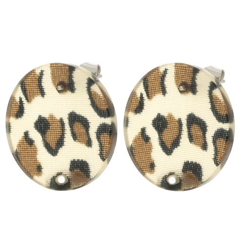 Round 20 mm acrylic earstuds - Cheetah Brown - Black x2