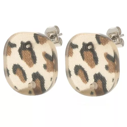 15mm Rounded Square Acrylic EarStuds - Cheetah Brown - Black x2