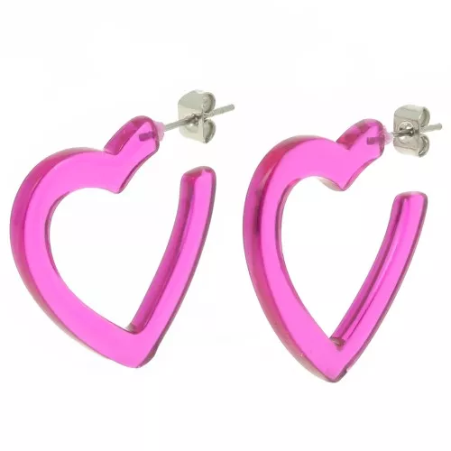 26mm Acetate heart hoop earrings - Fuchsia Transparent x2
