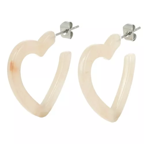 26mm Acetate heart hoop earrings - Marbled beige - ecru x2