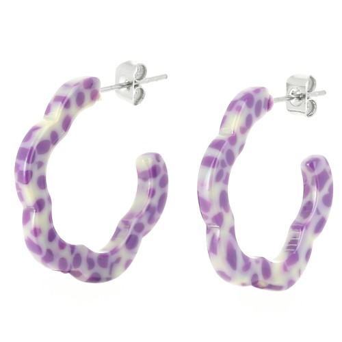 25x24mm Acetate flower hoop earrings - Mottled Violet - Cream x 2