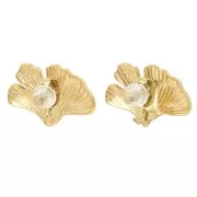11x17mm Stainless steel 316L Ginkgo earstuds with open ring - Gold x2