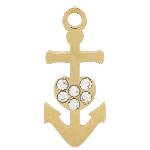 12x5mm Stainless steel 316L Charm anchor with rhinestones - Gold x1