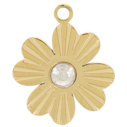 Ribbed clover charm, 12x9.5 mm, with rhinestones - Gold-plated 304 stainless steel x1