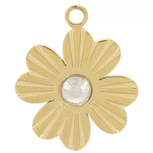 Ribbed clover charm, 12x9.5 mm, with rhinestones - Gold-plated 304 stainless steel x1