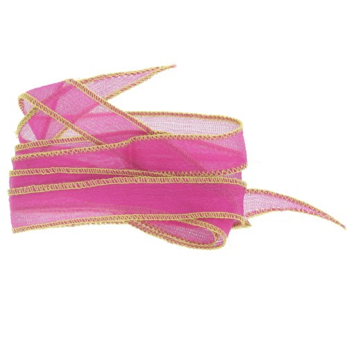15mm silk ribbon - anise green stitching - Fuchsia x85cm