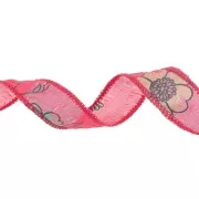 Rubans de soie 18 mm - motifs fleurs japonaises - Rouge x1m