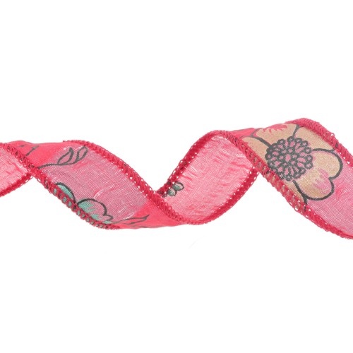 18mm silk ribbons - Japanese flower pattern - Red x1m