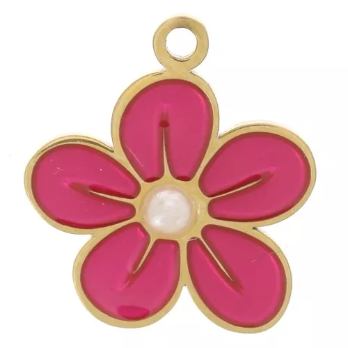 11mm Stainless steel 316L Flower charm with epoxy resin - Gold - Pink x1