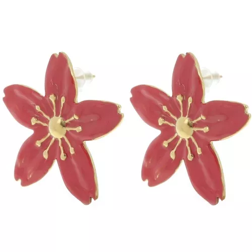 31x33mm 304L stainless steel Cherry blossom earrings - Gold - Red x2