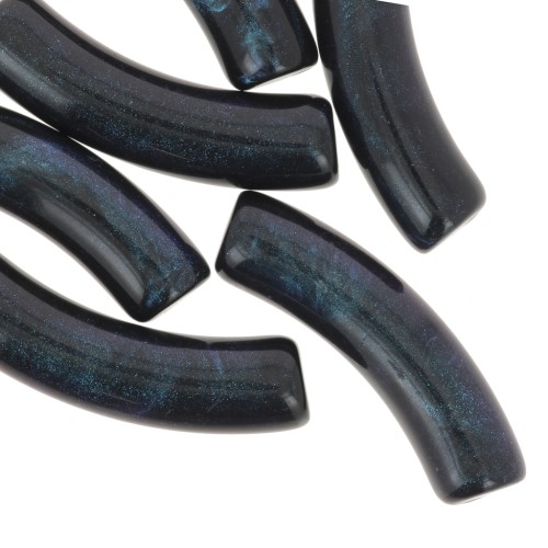 33x8mm Curved tube beads in opaque acrylic - Black marbled pearl x6