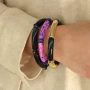Opaque Acrylic Curved Tube Beads, 33x8mm - Marbled Midnight Blue with a Pearlescent Finish x6