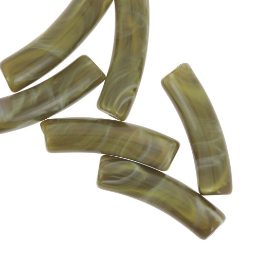 Curved tube beads 19x5 mm in opaque acrylic - Olive marbled x10