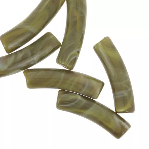 Curved tube beads 19x5 mm in opaque acrylic - Olive marbled x10