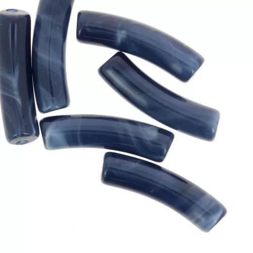 Curved tube beads 19x5 mm in opaque acrylic - Midnight blue marbled x10