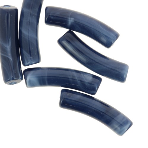 Curved tube beads in opaque acrylic 19x5 mm - Midnight blue marbled x10
