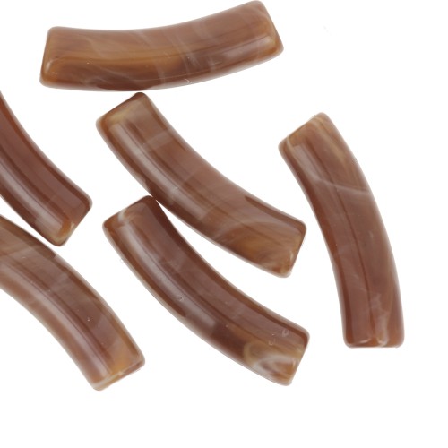 Curved tube beads 19x5 mm in opaque acrylic - Marbled brown x10