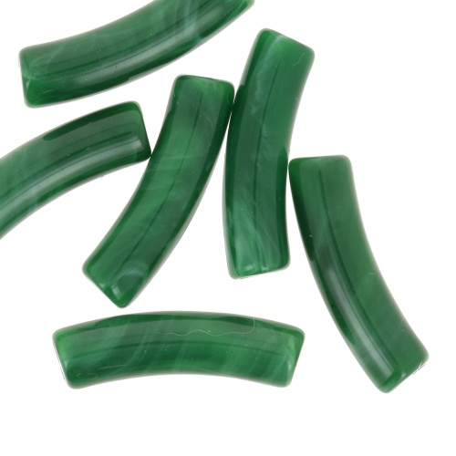 Curved tube beads 19x5 mm in opaque acrylic - Dark green marbled x10
