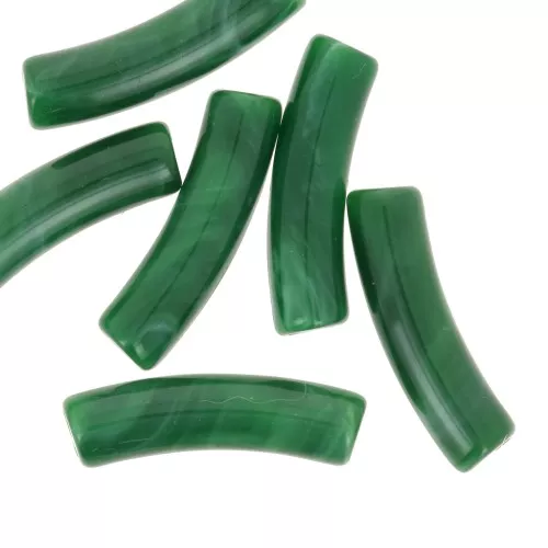 Curved tube beads 19x5 mm in opaque acrylic - Dark green marbled x10