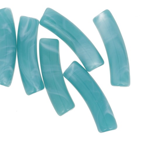 Curved tube beads 19x5 mm in opaque acrylic - Duck blue marbled x6