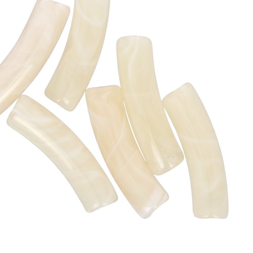 19x5mm Curved tube beads in translucent acrylic - Marbled ecru x10