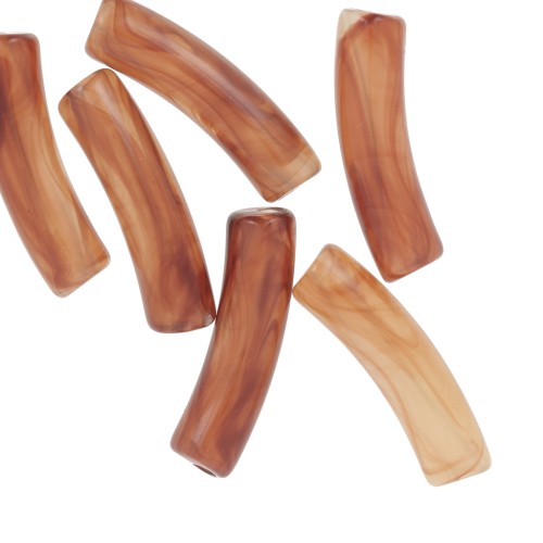 19x5mm Curved tube beads in translucent acrylic - Marbled brown x10