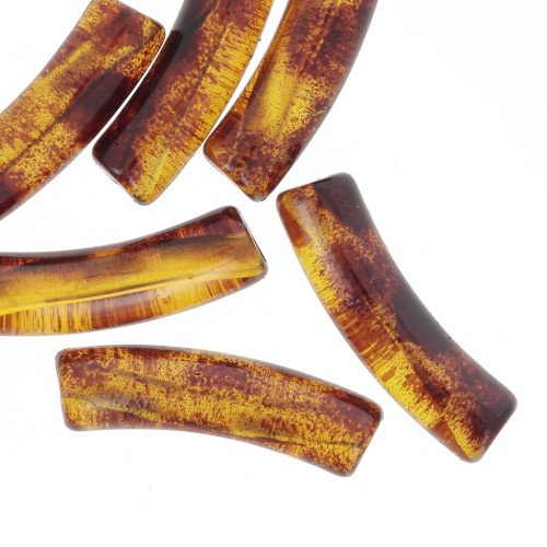 Clear acrylic 19x5 mm curved tube beads - Brown speckled x10