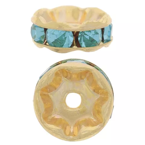 Rhinestones Rondelle 8mm Gold tone/Aquamarine x1