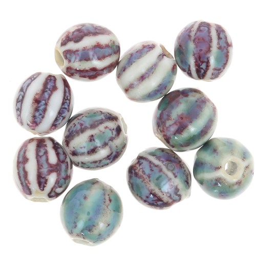 11mm Striated round ceramic beads - Blue - Violet - Beige marbled x10