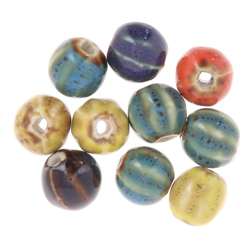11mm Striated round ceramic beads - Multicolored marbled x10