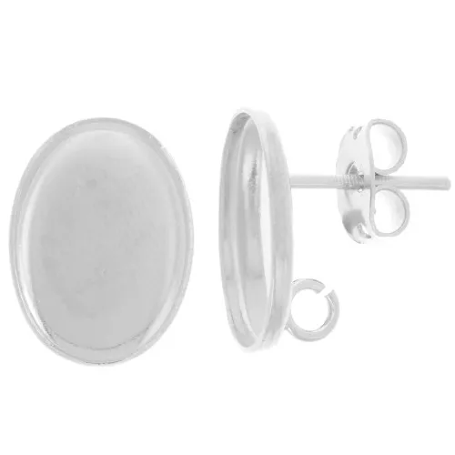 14x10mm Round cabochon earstuds - open ring in the back - Fine silver plated x2