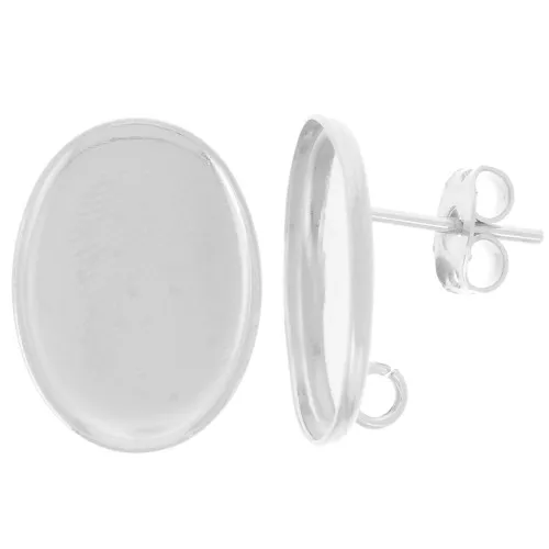 18x13mm Round cabochon earstuds - open ring in the back - Fine silver plated x2