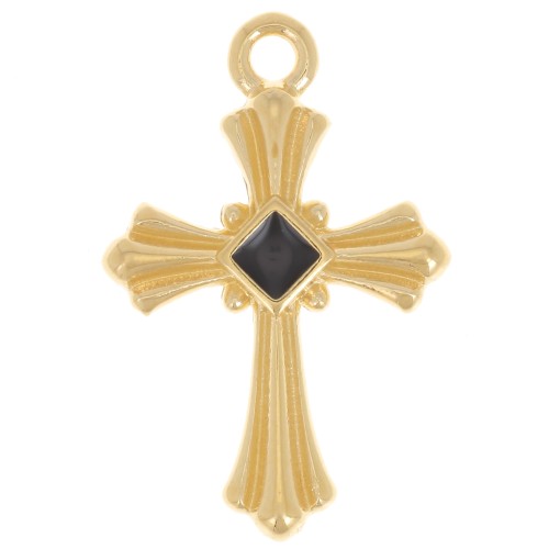 23x15mm Cross pendant with epoxy resin - Fine gold plated - Black x1