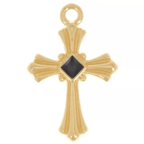 23x15mm Cross pendant with epoxy resin - Fine gold plated - Black x1