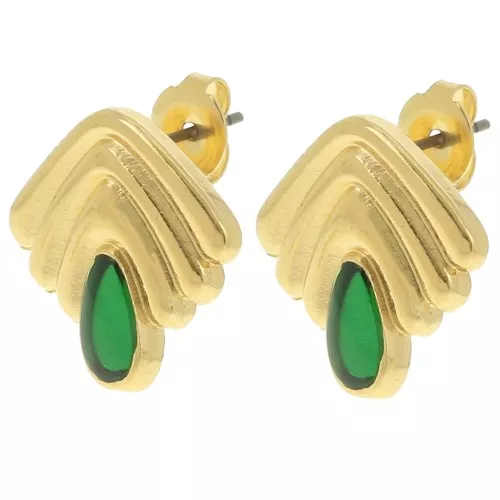 18x18.5mm Vintage earrings with epoxy resin - Fine gold plated - Green x2