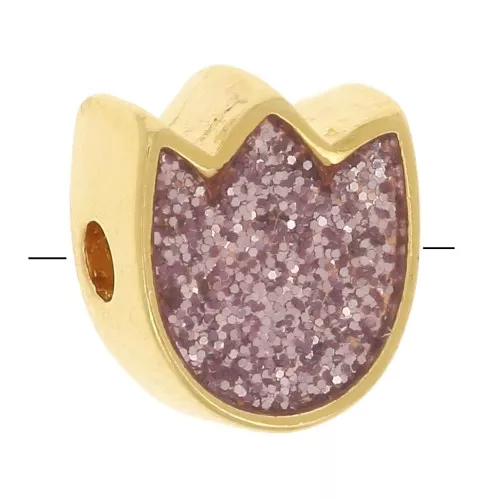 9x8mm Tulip flower bead with epoxy resin - Fine gold plated - Rose glitter x1
