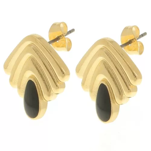 18x18.5mm Vintage earrings with epoxy resin - Fine gold plated - Black x2