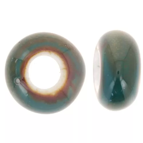 15x9mm Rondelle beads large holes ceramic - Blue Green marbled x5
