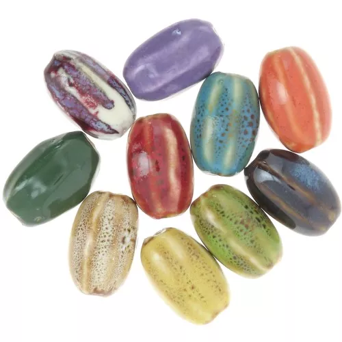 21x13mm Ceramic striated oval beads - Multicolored marbled x10